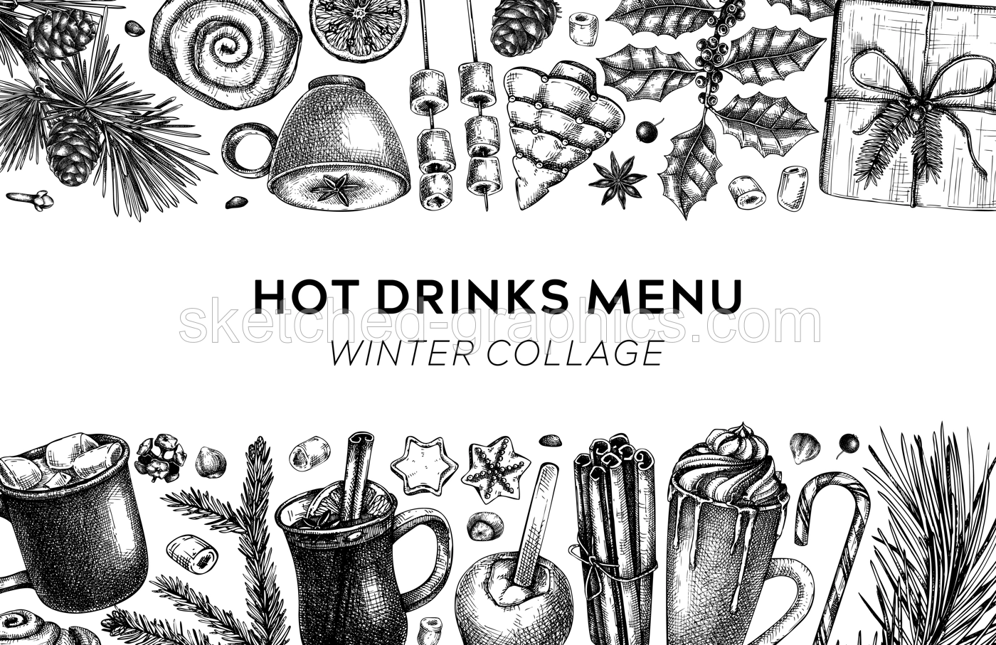 Hot drinks menu design. Mulled wine, coffee, hot chocolate, cocoa vector sketches. Christmas design template. Winter drinks and sweets frame template. Trendy food background in collage style Illustration